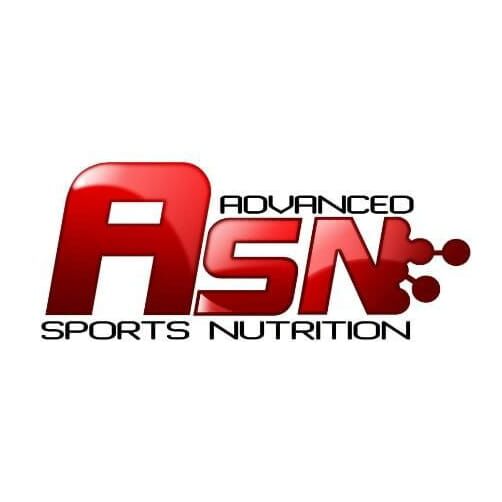 ASN Sports Nutrition supplement lineup with protein jars, powders, capsules, and a shaker bottle.