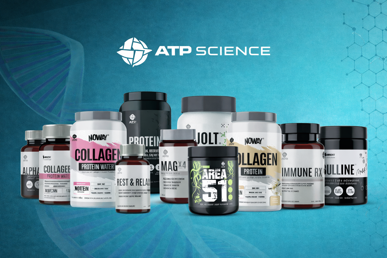 ATP Science supplement lineup with collagen and protein bottles on a blue backdrop with logo.