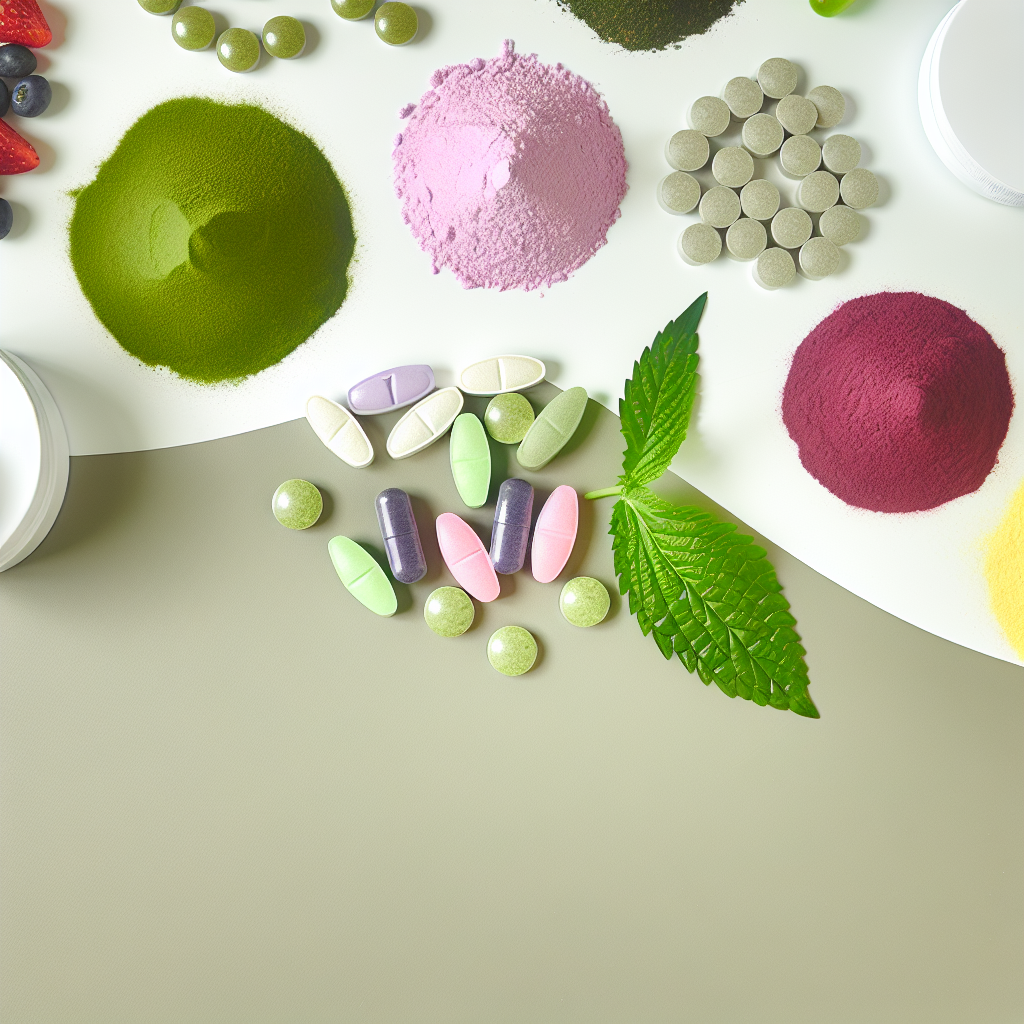 Digestive lifestyle supplement assortment with colorful powders, tablets, capsules and a green herb leaf.