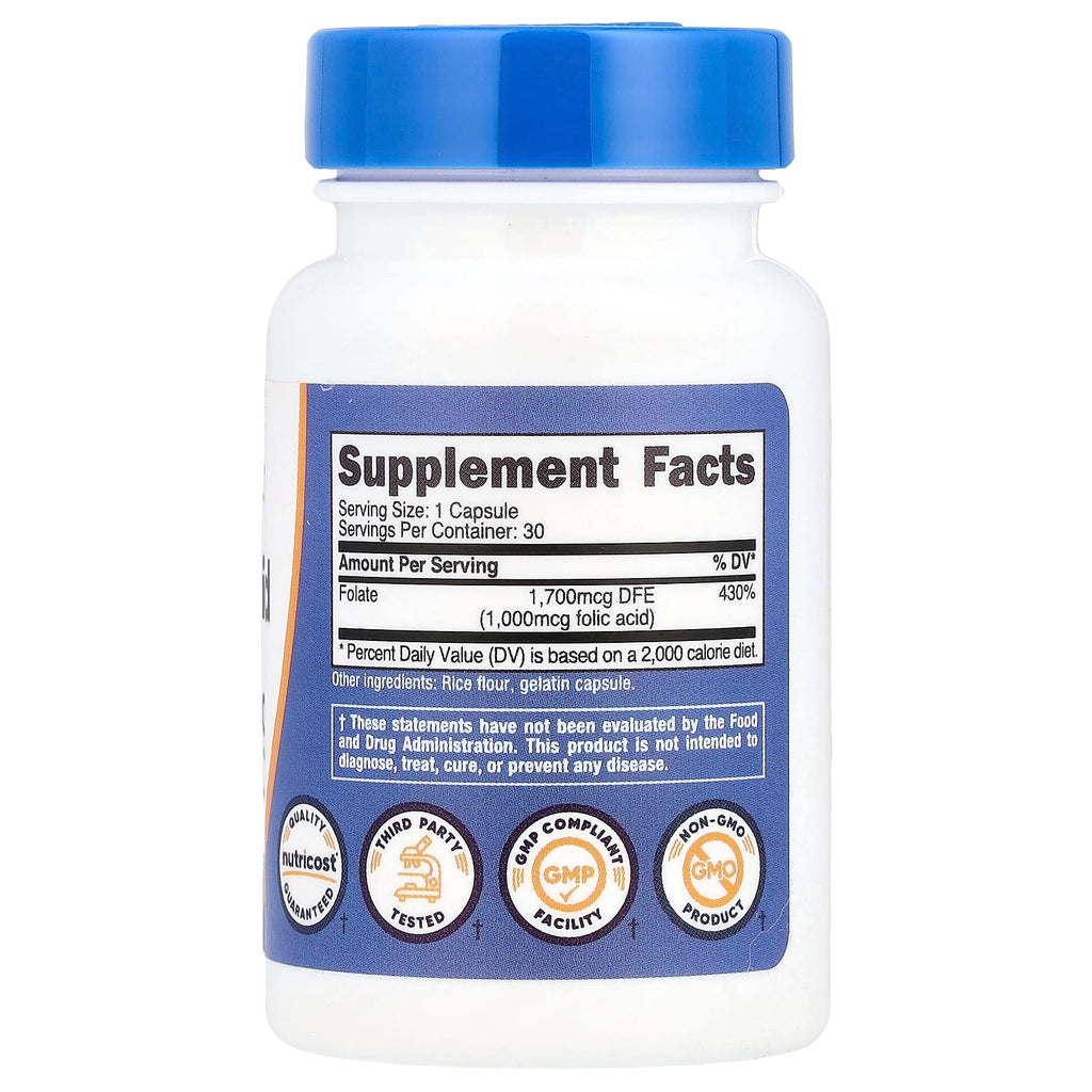Nutricost folic acid 1,000 mcg dietary supplement by Nutricost